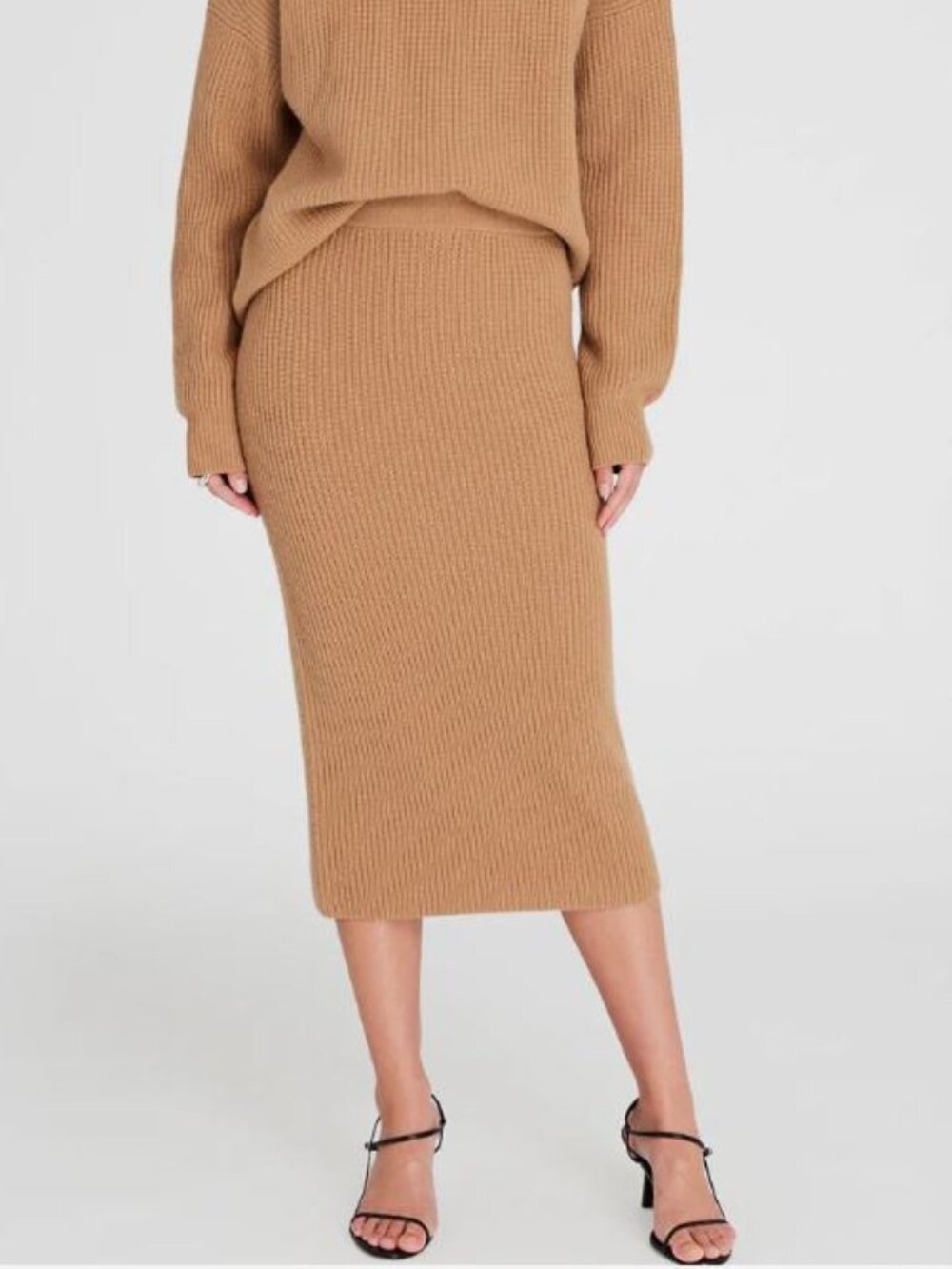 CLUB MONACO Cashmere Ribbed Midi Skirt, sz L, camel